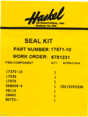 Haskel Pump 17571-10 Seal Kit